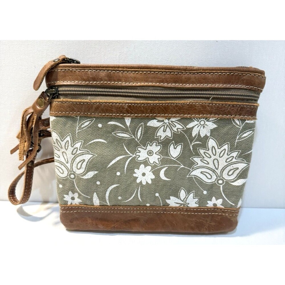 Myra Green Tan Bag Pouch Wristlet Leather Canvas Floral Small Boho Zip
